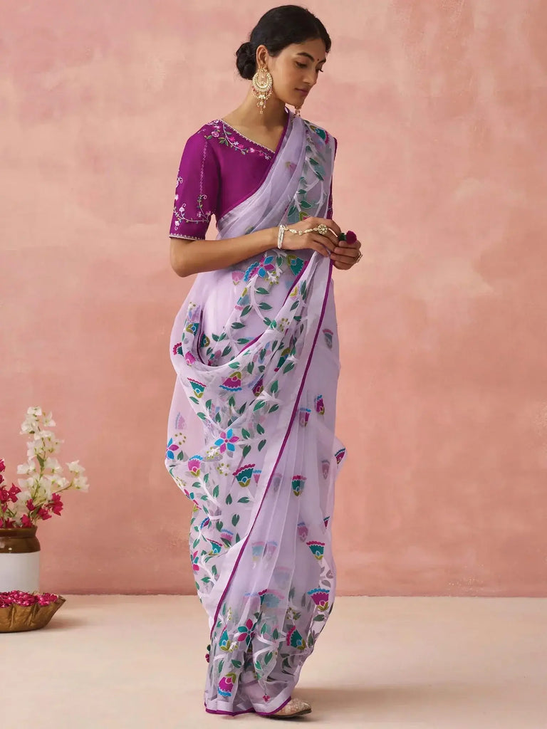 Gorgeous Lavender Brasso Organza Festival Wear Saree