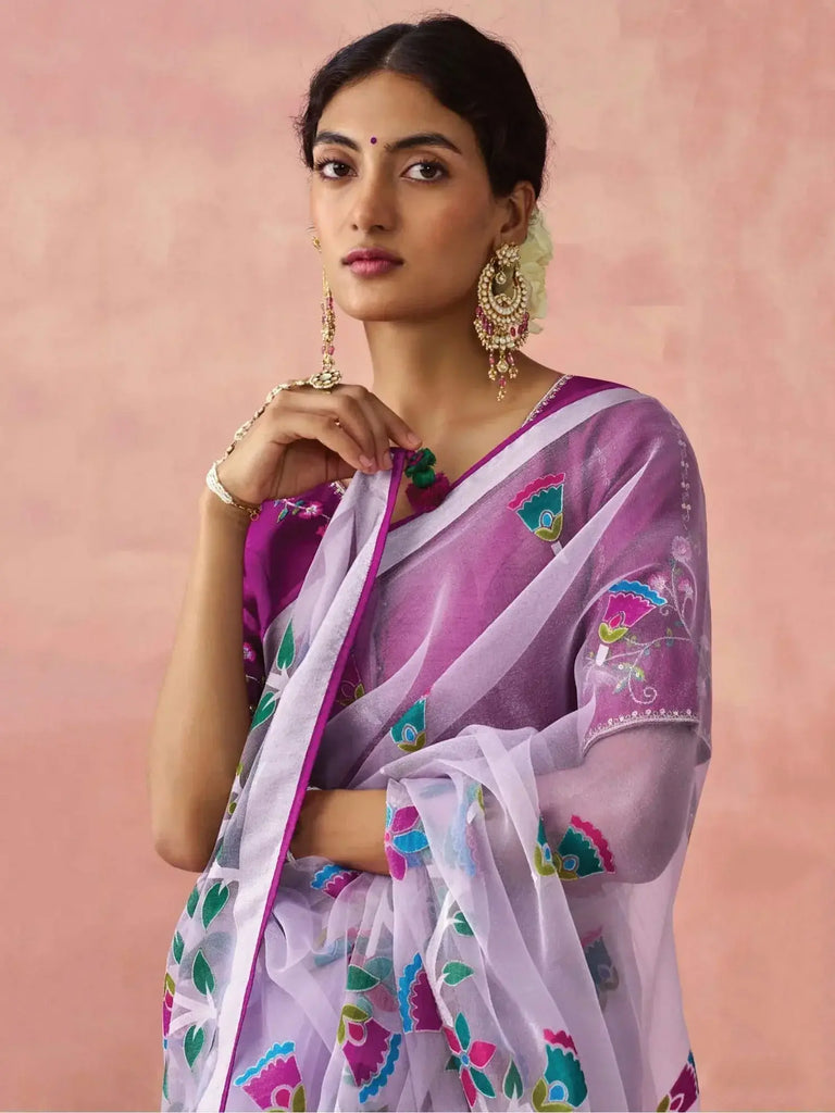 Gorgeous Lavender Brasso Organza Festival Wear Saree