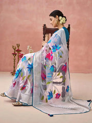 Pretty Off White Brasso Organza Festival Wear Saree with Blue Blouse