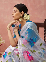 Pretty Off White Brasso Organza Festival Wear Saree with Blue Blouse