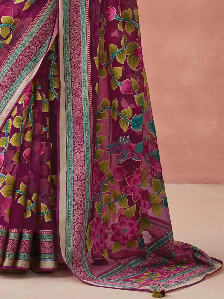 Stunning Pink Brasso Organza Festival Wear Saree With Yellow Blouse