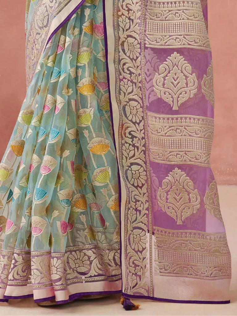 Beautiful Sky Blue Brasso Organza Festival Wear Saree With Purple Blouse