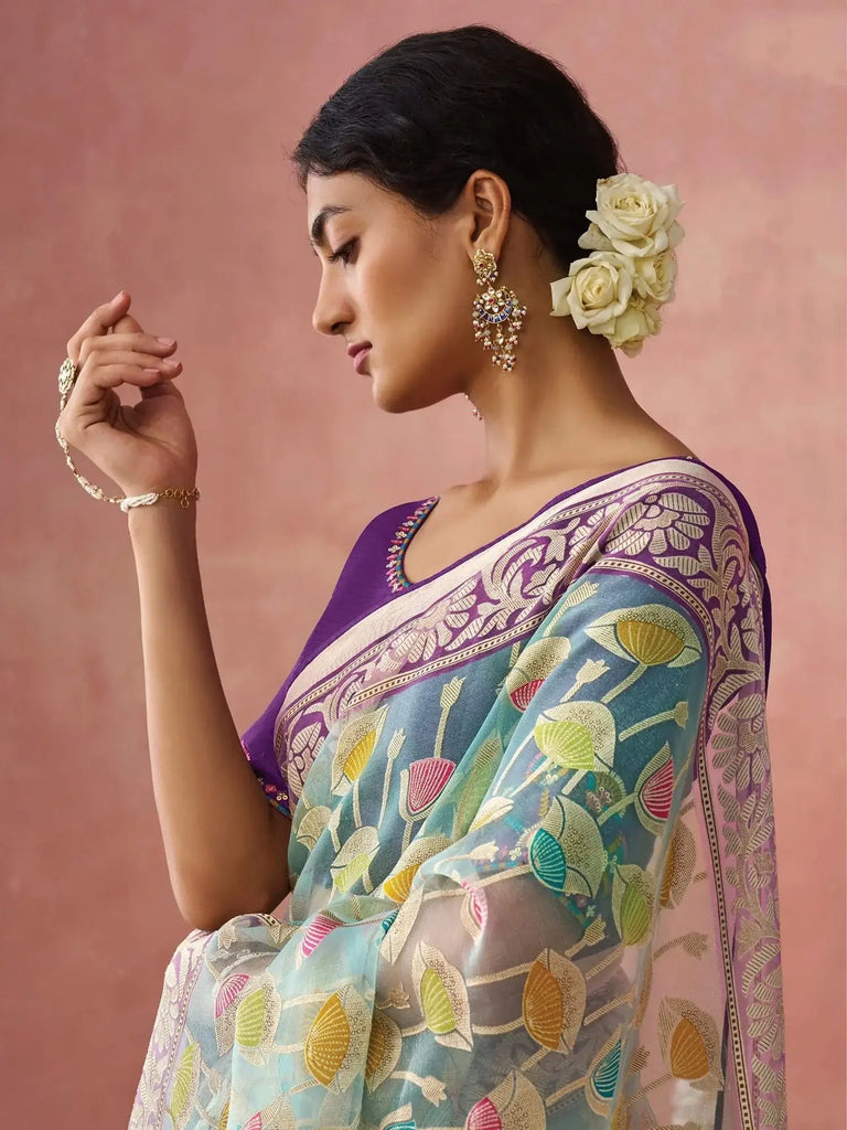 Beautiful Sky Blue Brasso Organza Festival Wear Saree With Purple Blouse