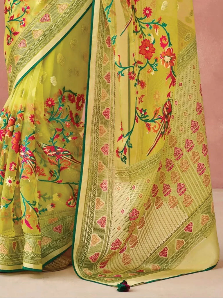 Attractive Yellow Brasso Organza Festival Wear Saree With Rani Blouse