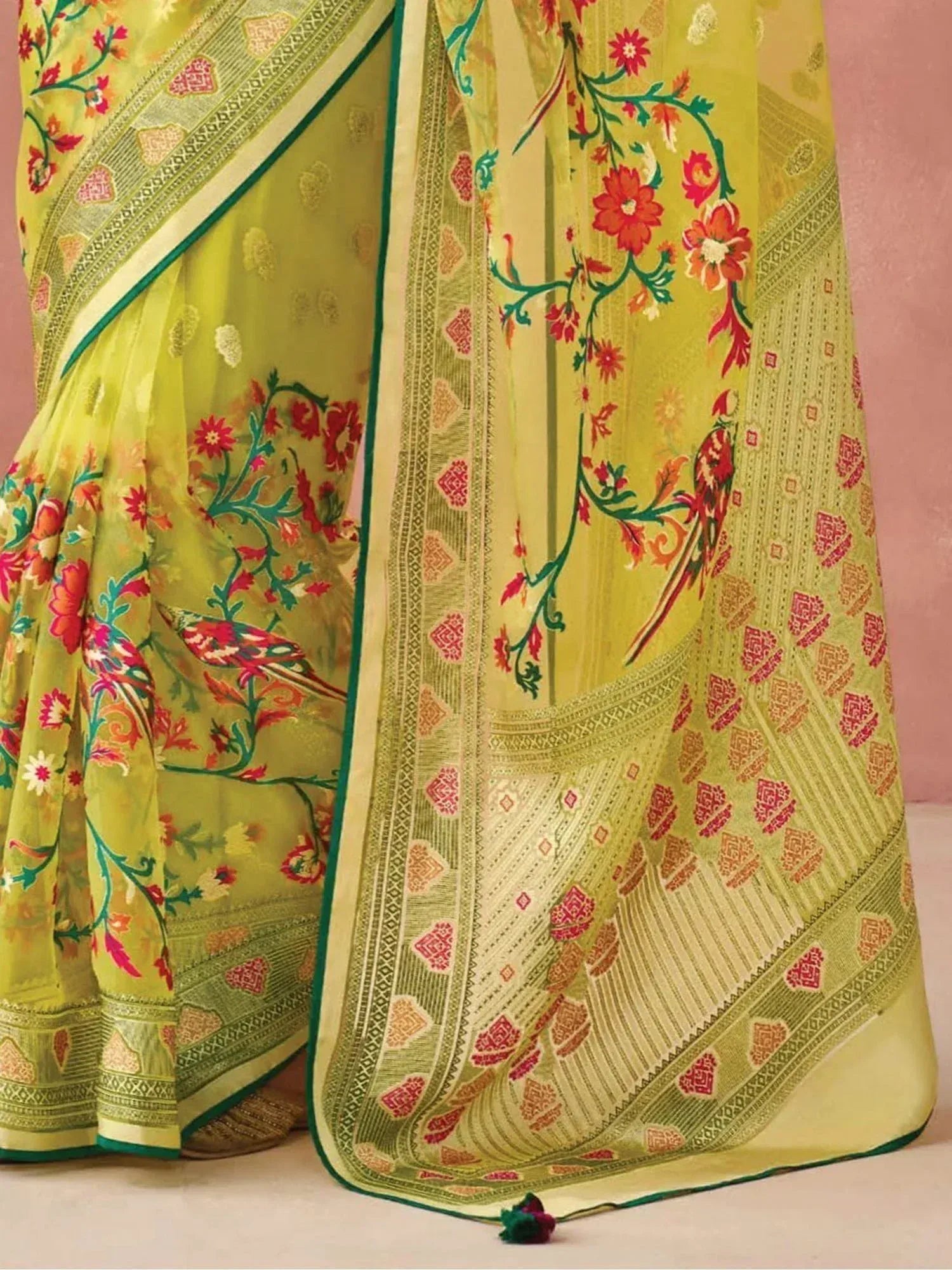 Lime green saree with floral and bird print, ethnic Indian wear, designer saree with intricate border