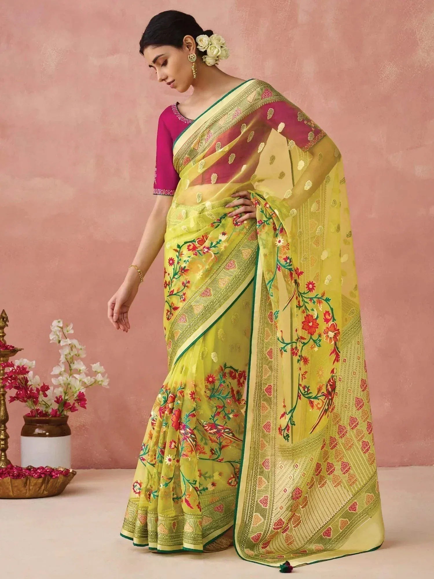 Yellow floral printed saree with pink blouse, ethnic Indian wear for women