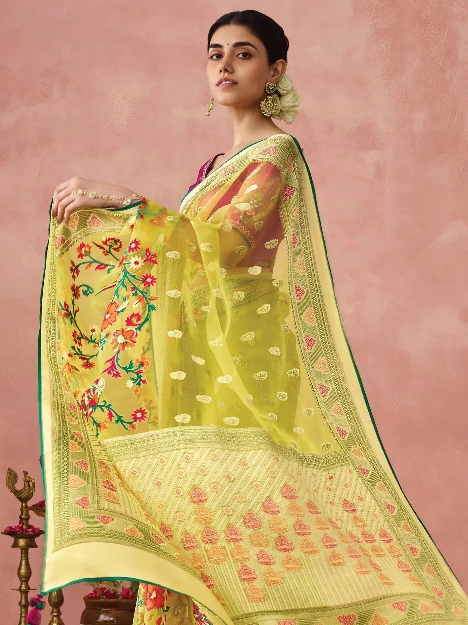 Yellow floral embroidered saree with green border, Indian ethnic wear for women