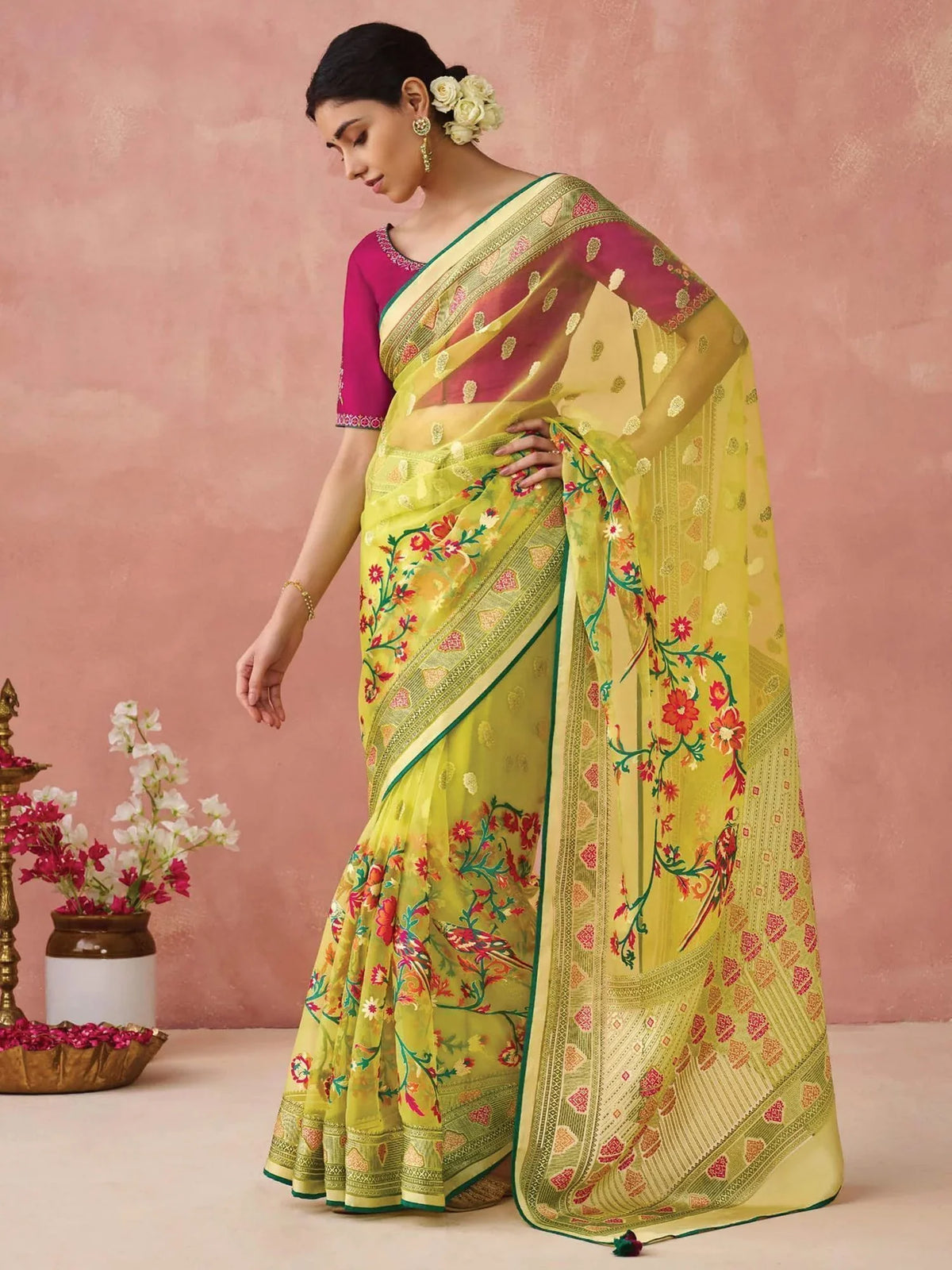 Attractive Yellow Brasso Organza Festival Wear Saree With Rani Blouse
