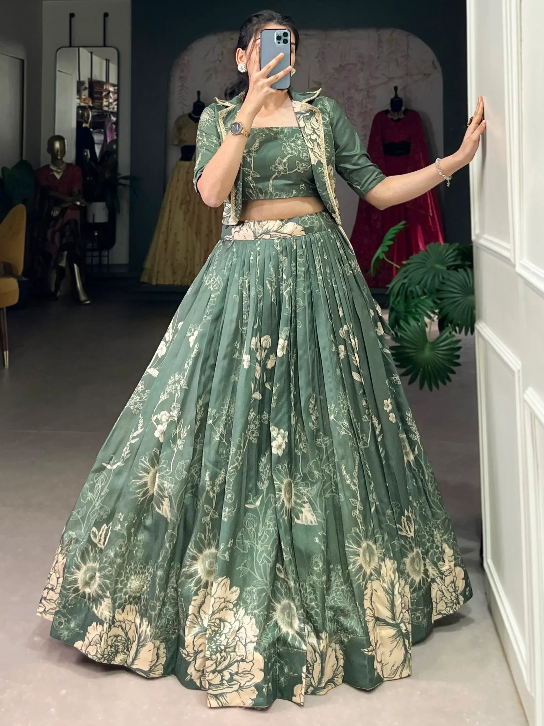 Green floral lehenga choli with jacket, Indian ethnic wear for women