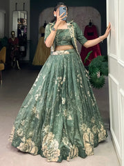 Mesmerizing Bottle Green Printed Tussar Silk Crop Top Lehenga With Jacket - Ethnic Plus In