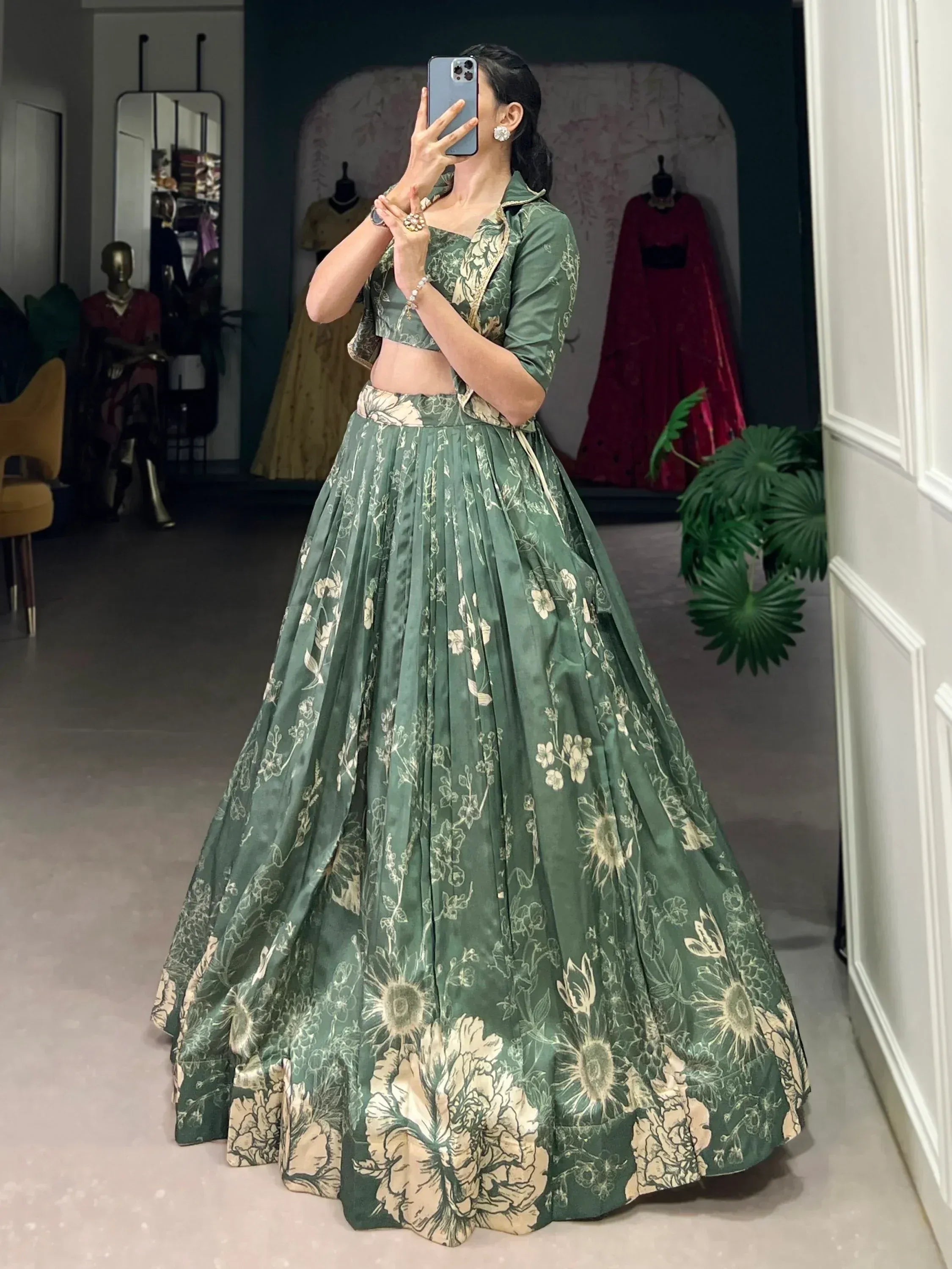 Green floral lehenga choli with gold print, perfect for Indian ethnic wear events