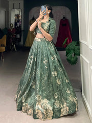 Mesmerizing Bottle Green Printed Tussar Silk Crop Top Lehenga With Jacket - Ethnic Plus In
