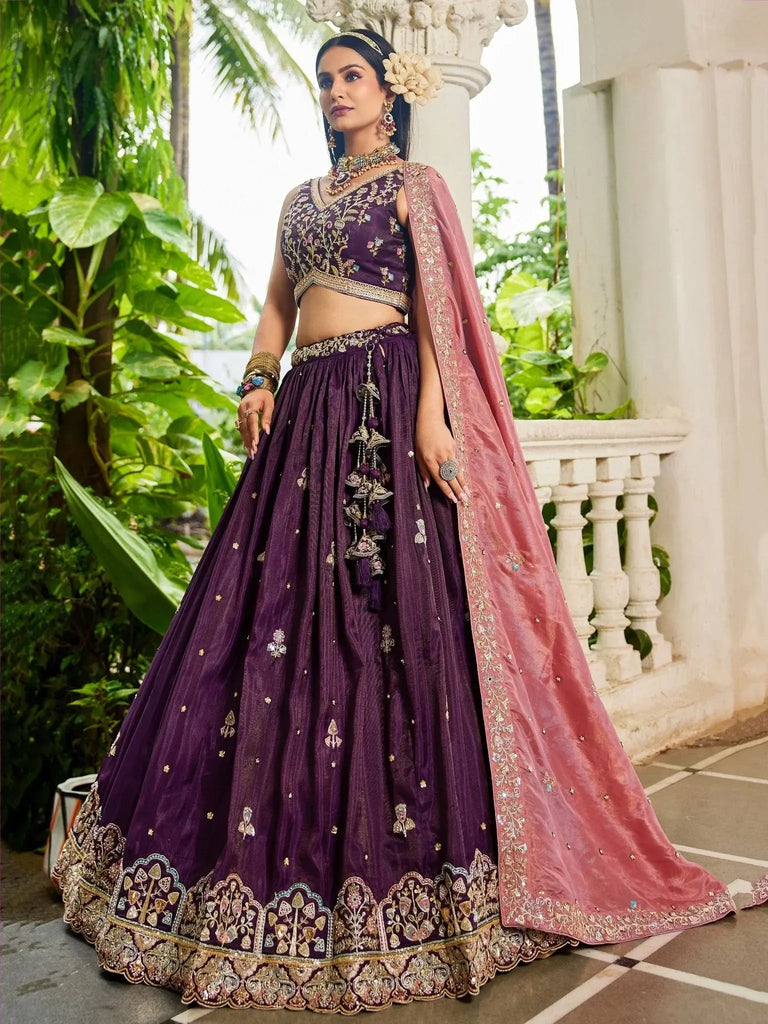 Mesmerizing Burgundy Tissue Thread Embroidered Lehenga Choli - Ethnic Plus In