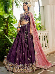 Mesmerizing Burgundy Tissue Thread Embroidered Lehenga Choli - Ethnic Plus In