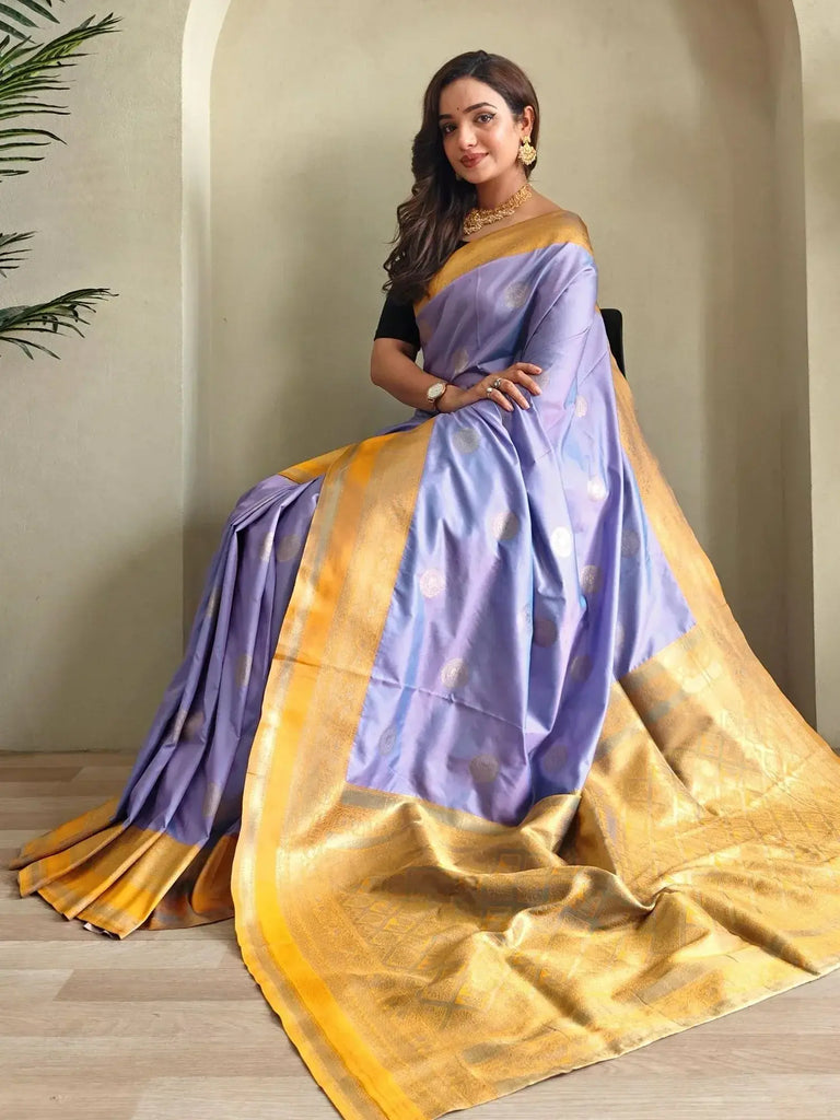 Mesmerizing Lavender Silk Zari Weaving Saree With Blouse - Ethnic Plus In