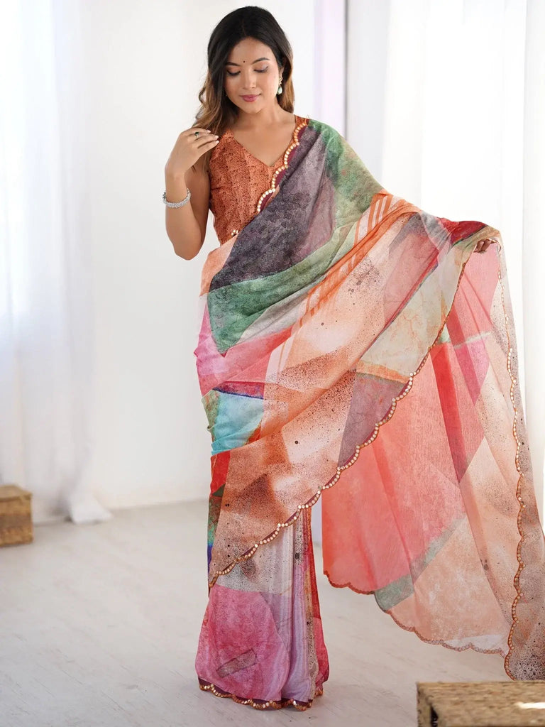Mesmerizing Multi Color Chinon Printed Saree With Blouse - Ethnic Plus In