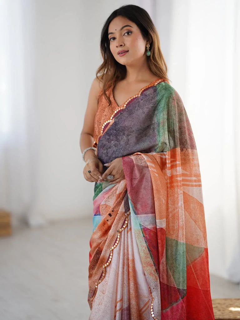 Mesmerizing Multi Color Chinon Printed Saree With Blouse - Ethnic Plus In