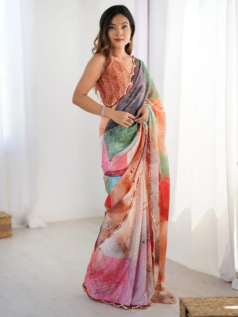 Mesmerizing Multi Color Chinon Printed Saree With Blouse - Ethnic Plus In