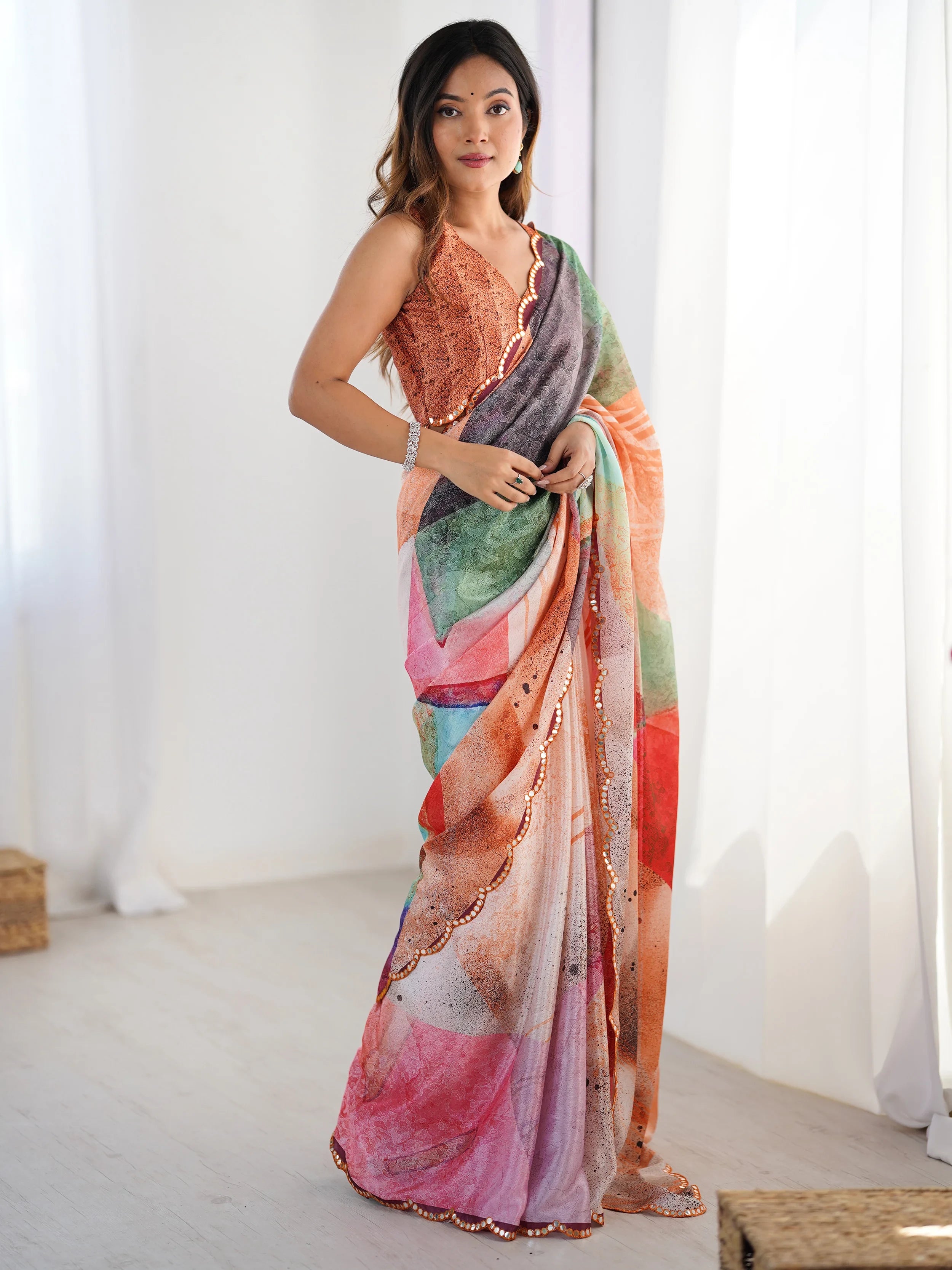 Mesmerizing Multi Color Chinon Printed Saree With Blouse - Ethnic Plus In