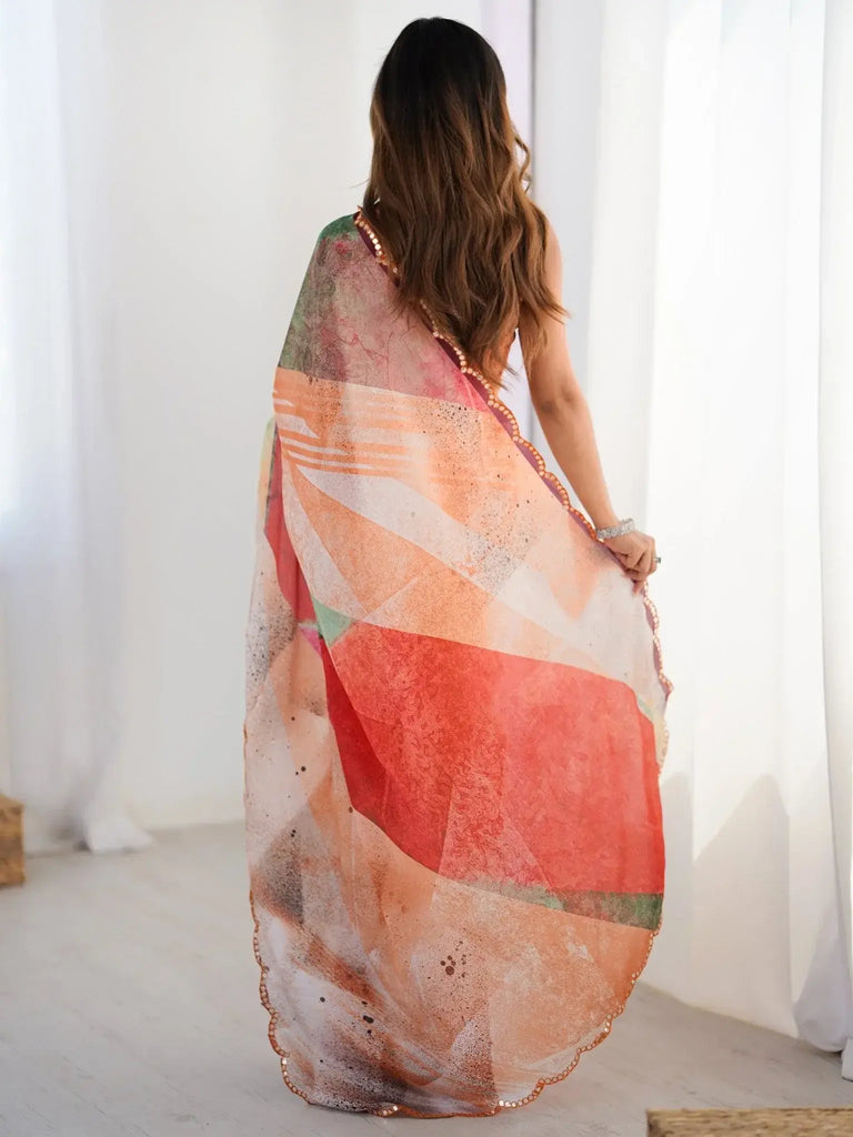 Mesmerizing Multi Color Chinon Printed Saree With Blouse - Ethnic Plus In