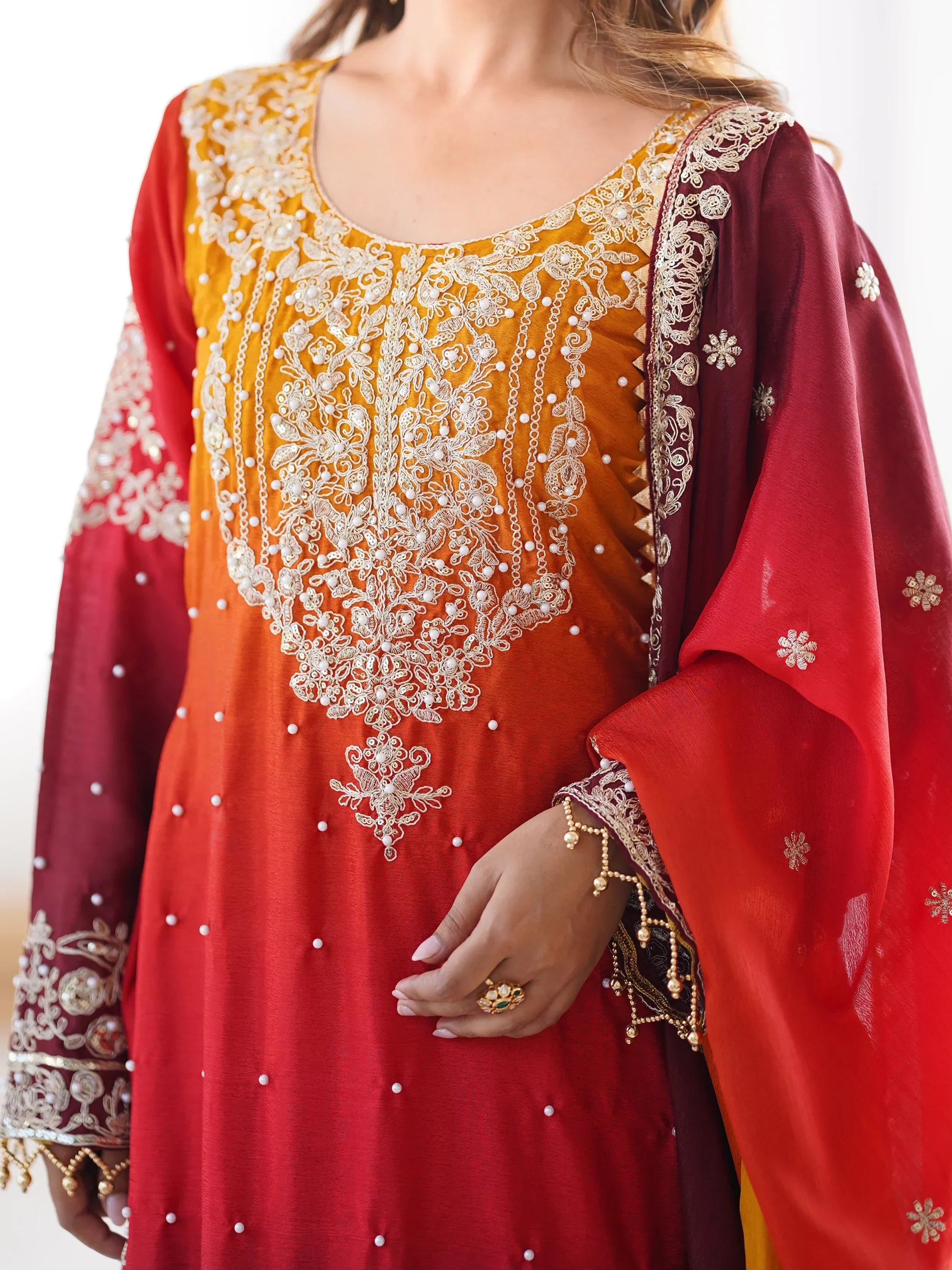 Mesmerizing Orange Chinon Thread Sequins Wedding Wear Sharara Suit - Ethnic Plus In