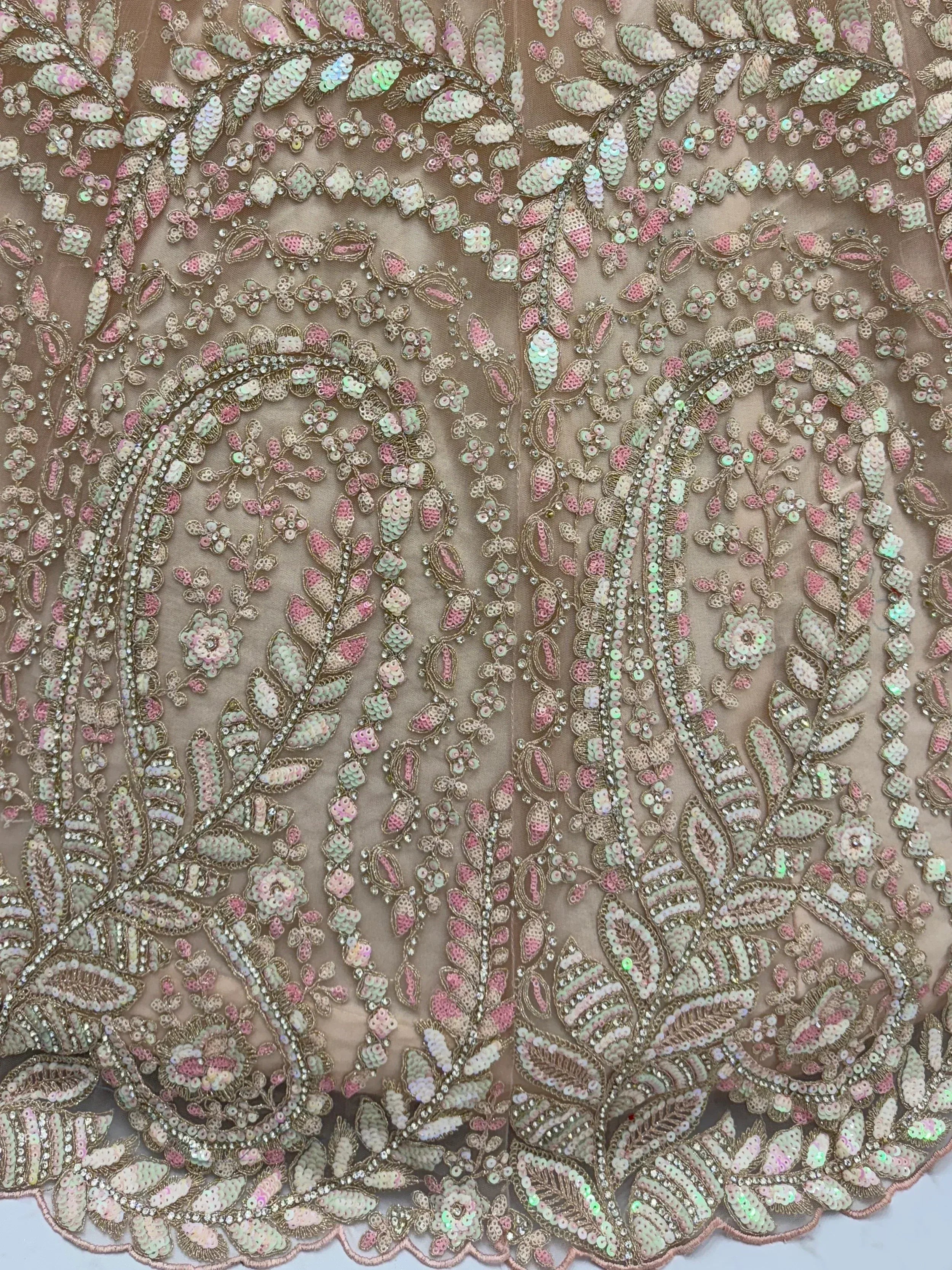 Elegant floral sequin embroidery on sheer fabric, perfect for designer lehenga choli or ethnic gown