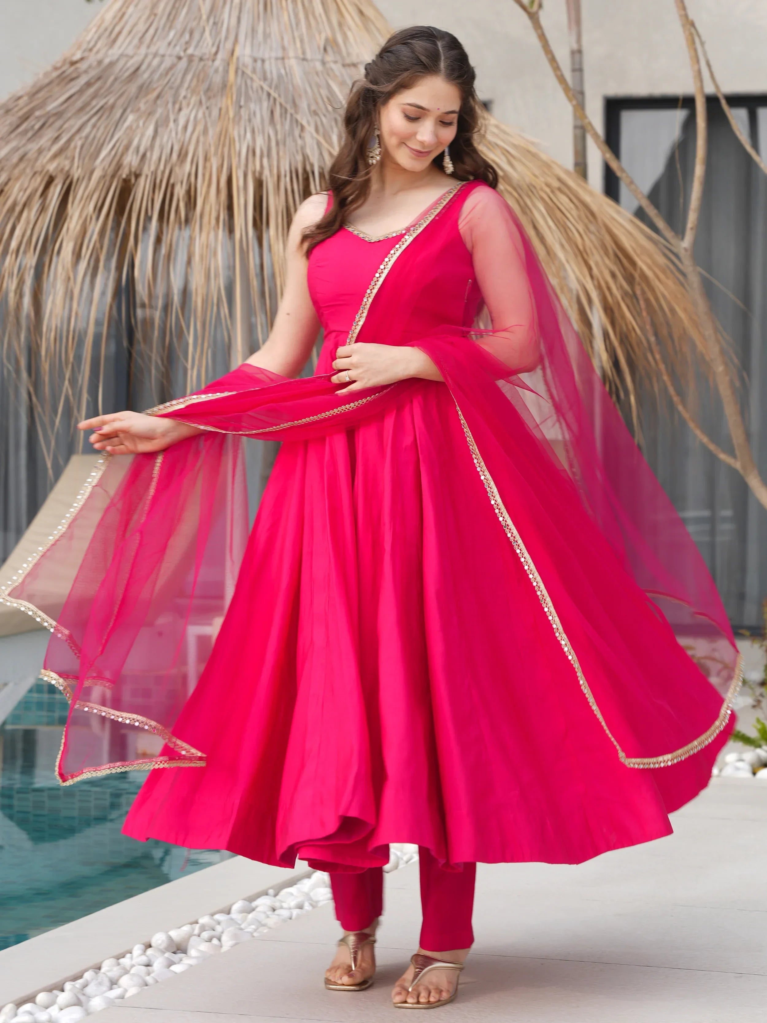 Mesmerizing Pink Chanderi Silk Lace Work Anarkali Suit - Ethnic Plus In