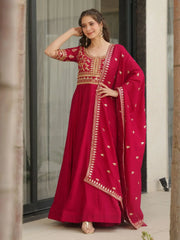 Mesmerizing Pink Silk Embroidered Party Wear Gown With Dupatta - Ethnic Plus In