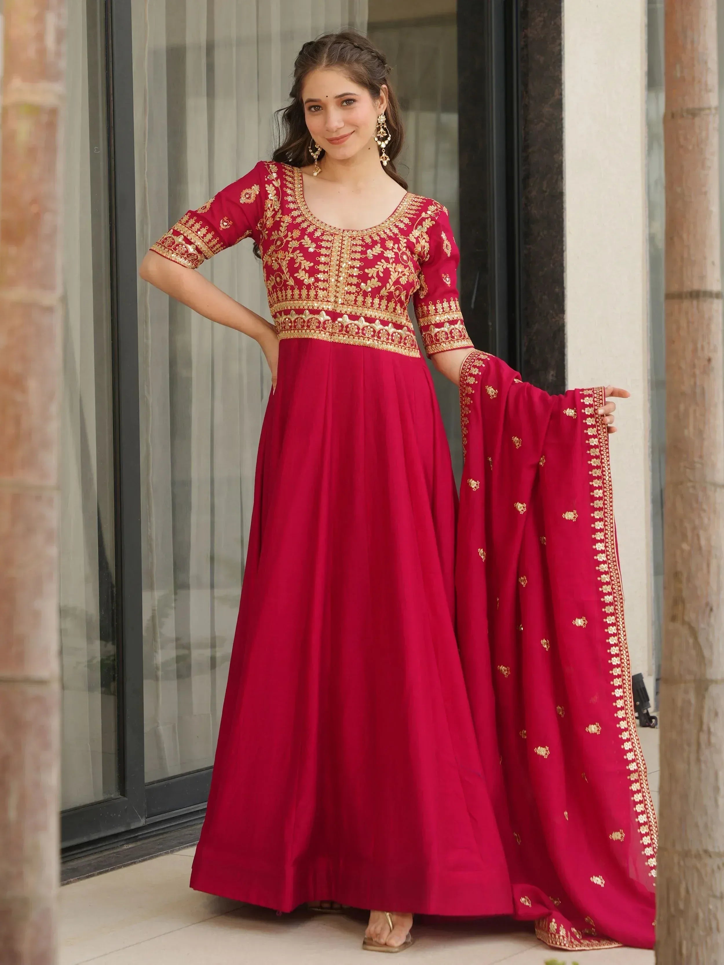 Red embroidered anarkali suit with gold detailing, perfect for Indian ethnic wear occasions