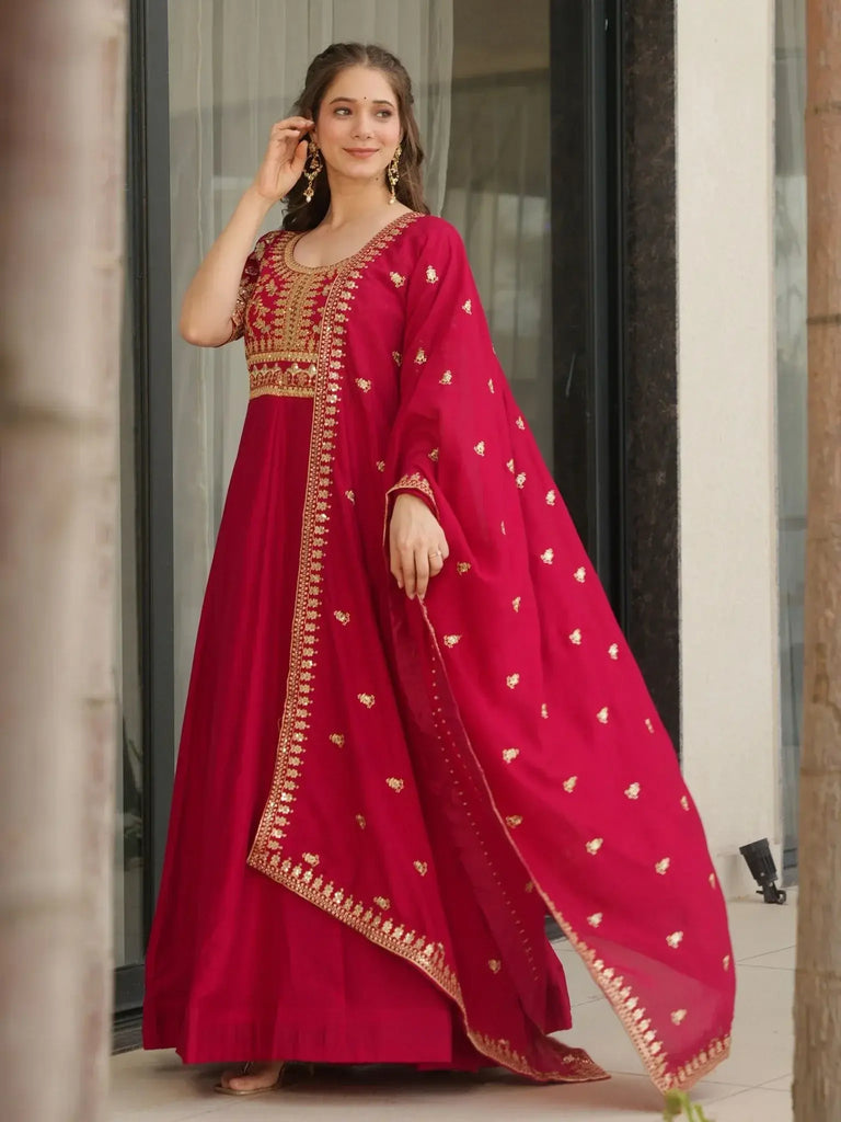 Mesmerizing Pink Silk Embroidered Party Wear Gown With Dupatta - Ethnic Plus In