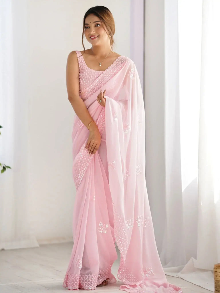 Mesmerizing Pink Thread Work Event Wear Saree With Blouse - Ethnic Plus In