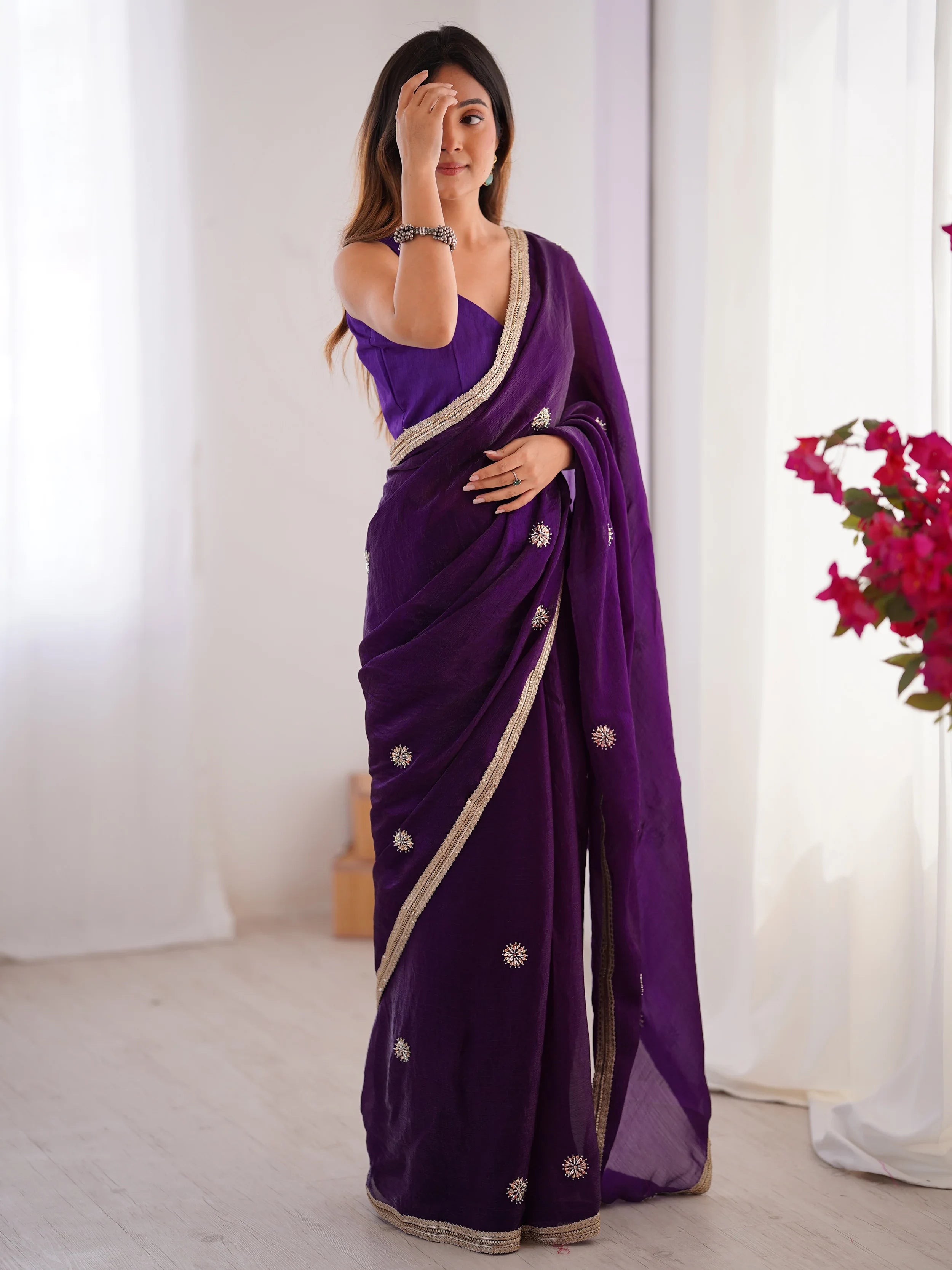 Mesmerizing Purple Beads Work Silk Saree With Blouse - Ethnic Plus In