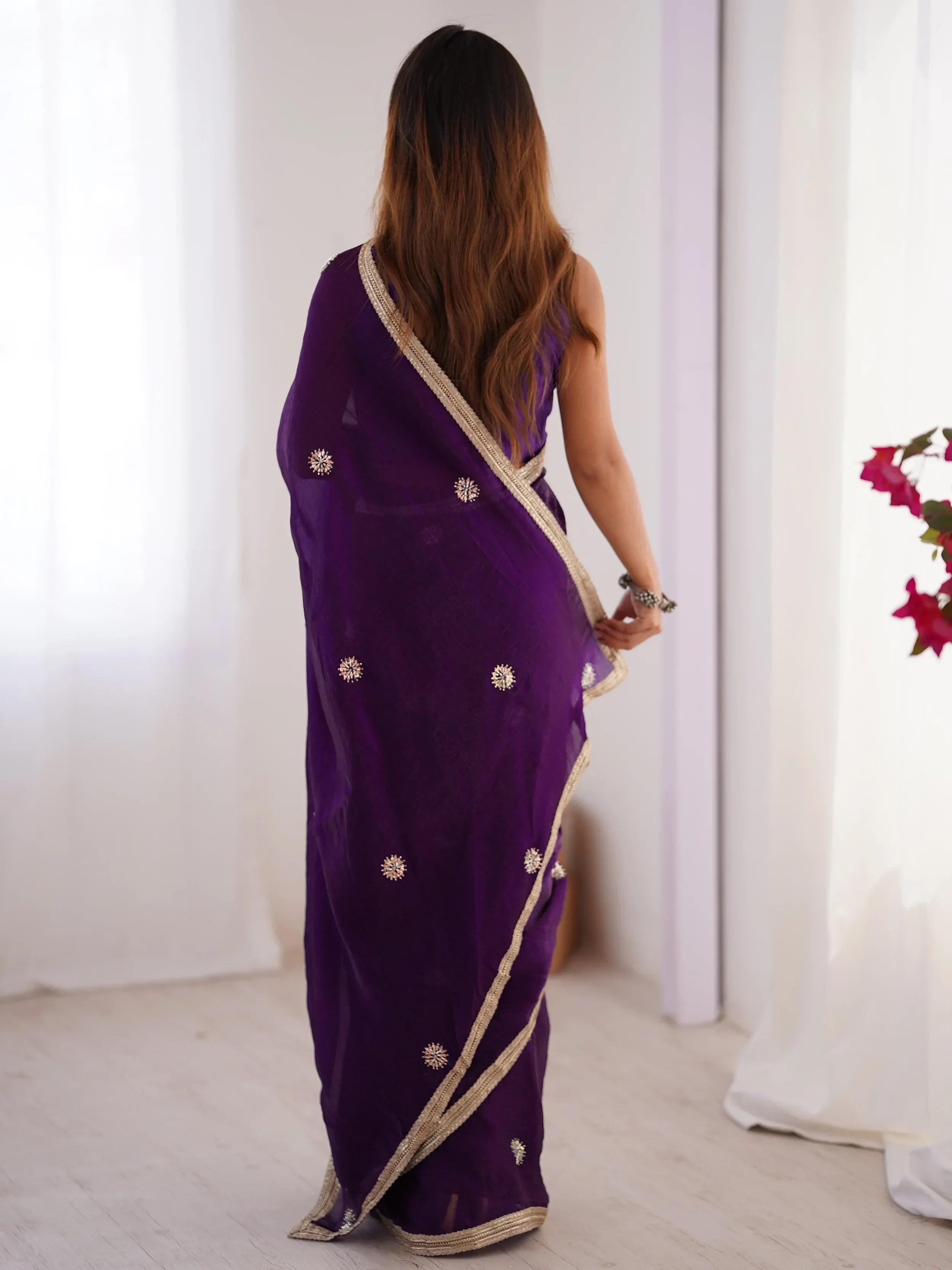 Mesmerizing Purple Beads Work Silk Saree With Blouse - Ethnic Plus In