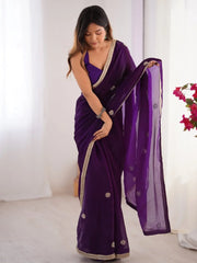 Mesmerizing Purple Beads Work Silk Saree With Blouse - Ethnic Plus In