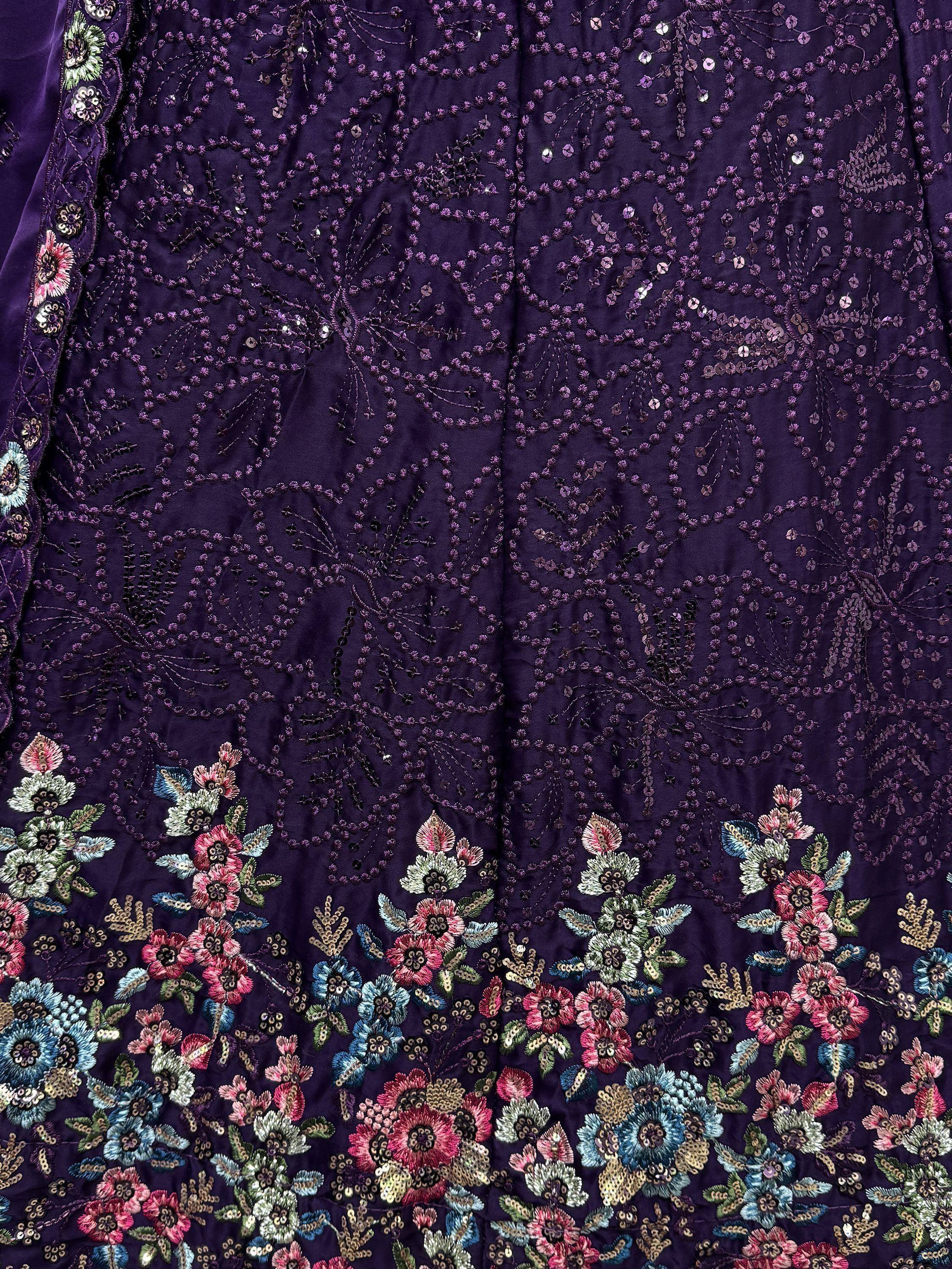 Purple ethnic gown with floral embroidery and sequin detailing for Indian wear