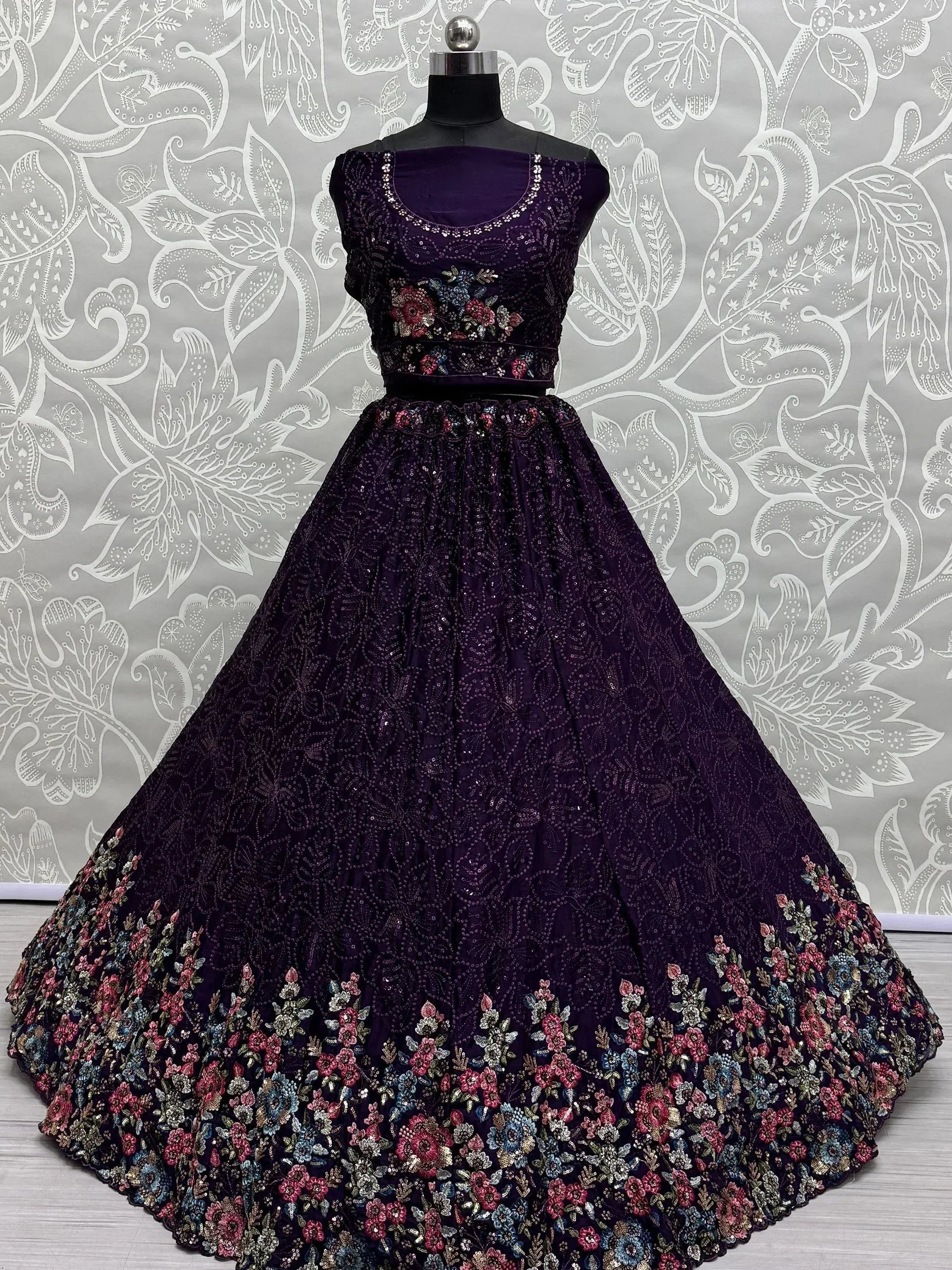 Purple designer lehenga choli with floral embroidery and sequins, ethnic Indian wear