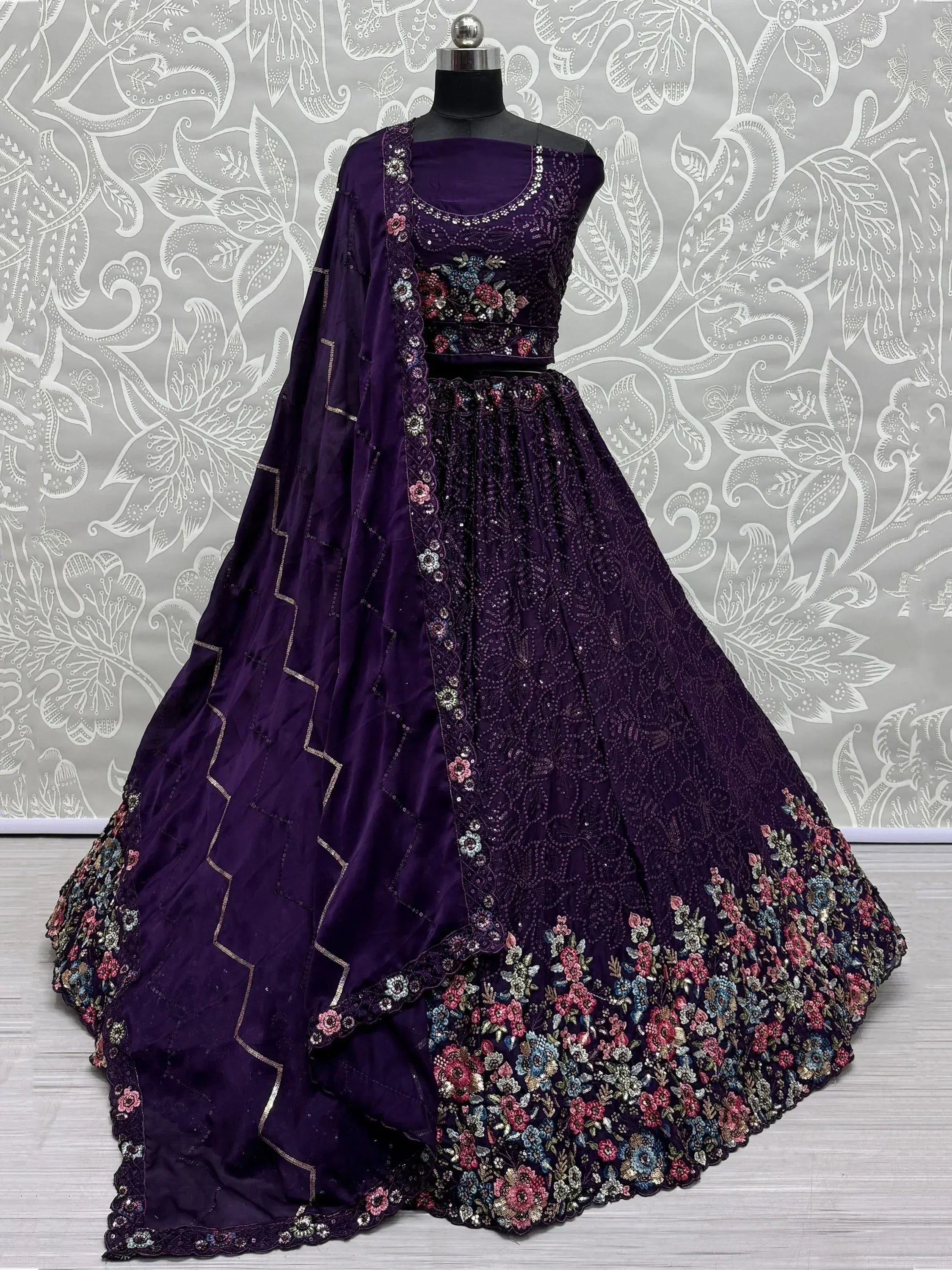 Purple floral embroidered lehenga choli with dupatta, Indian ethnic wear for weddings and parties