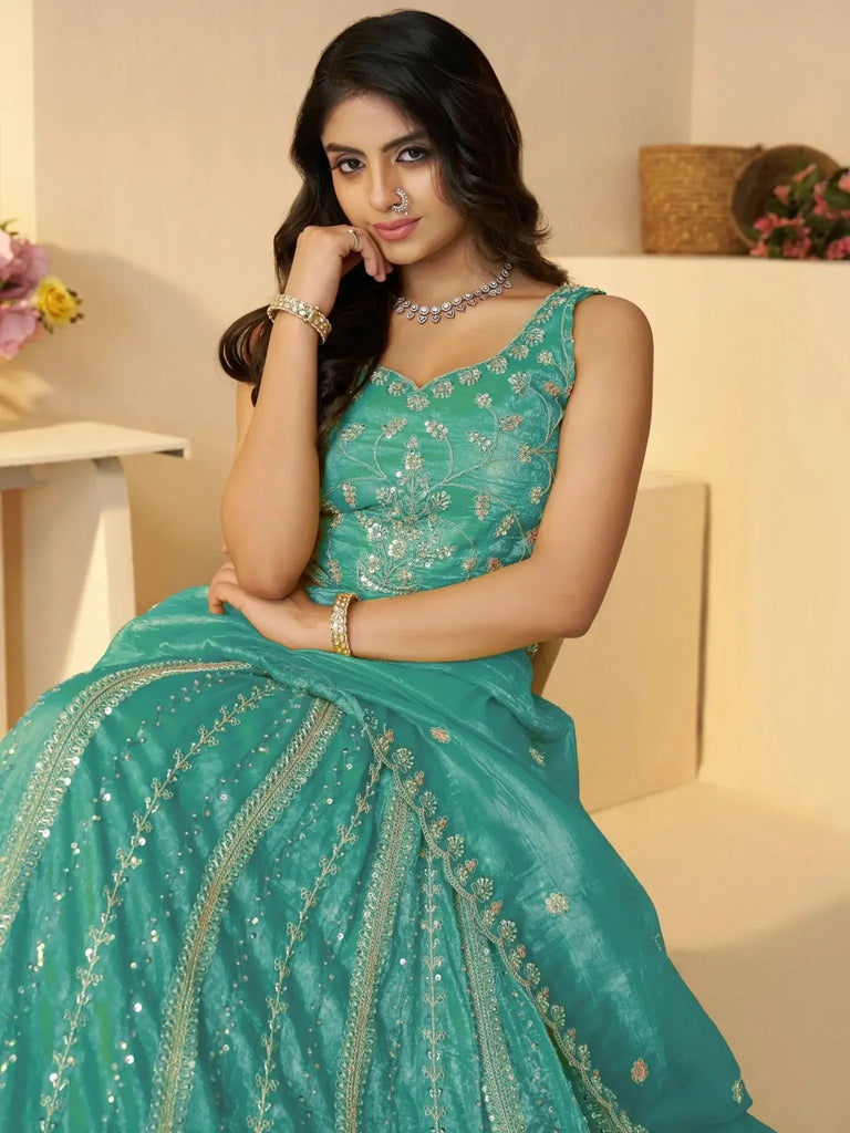 Mesmerizing Sky - Blue Zari Work Silk Designer Lehenga Choli With Dupatta - Ethnic Plus In