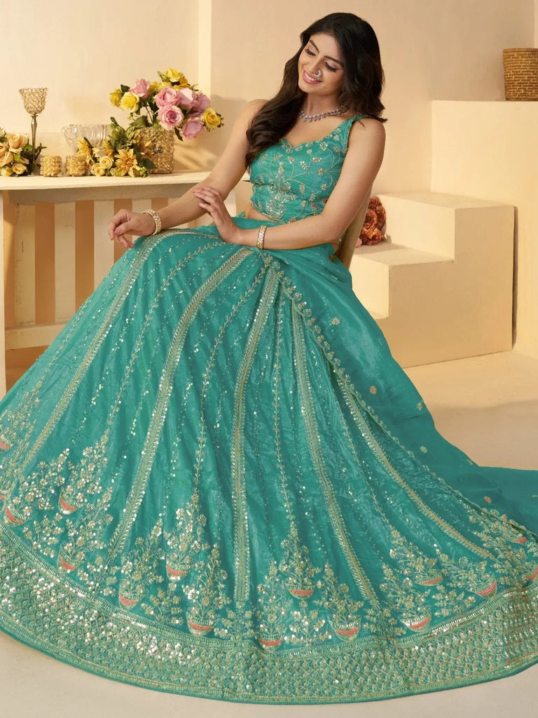 Mesmerizing Sky - Blue Zari Work Silk Designer Lehenga Choli With Dupatta - Ethnic Plus In