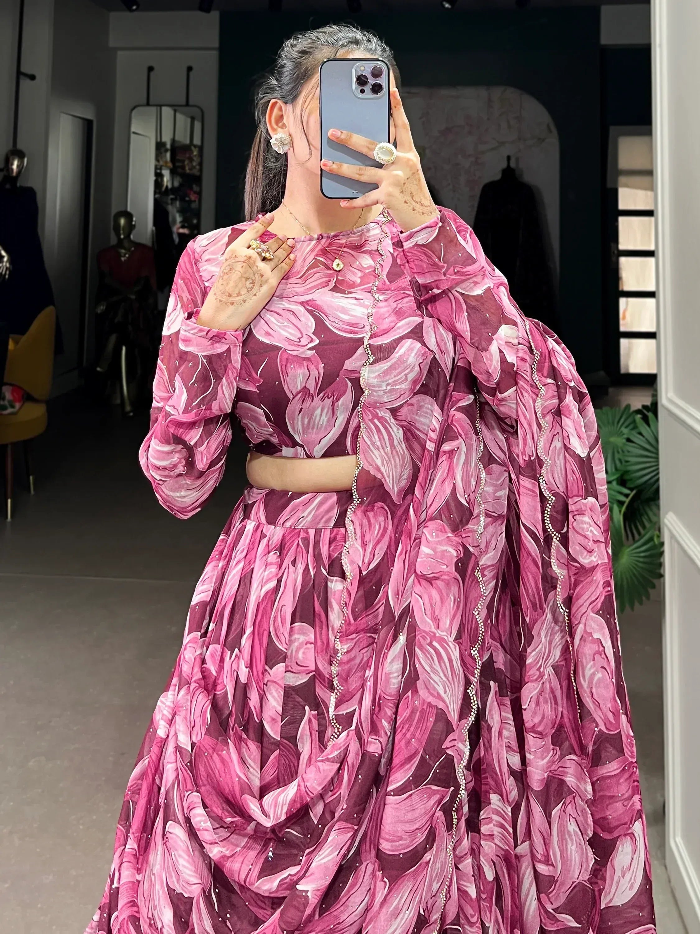 Pink floral printed lehenga choli with sheer cape, perfect for Indian ethnic wear occasions