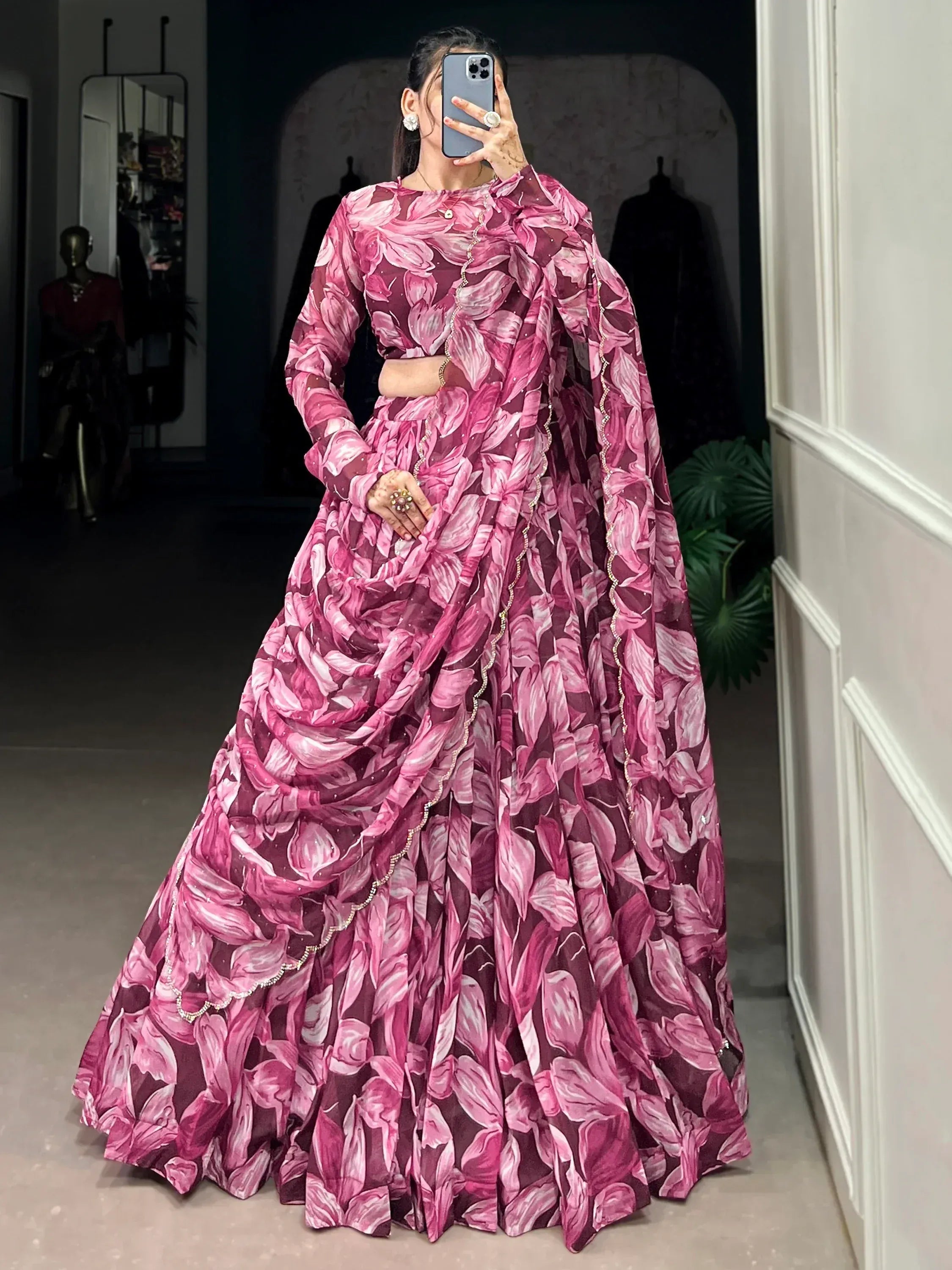 Pink floral print designer lehenga choli with long sleeves and embellished border, perfect for Indian ethnic wear