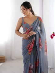 Mesmerizing Grey Floral Printed Georgette Saree With Blouse