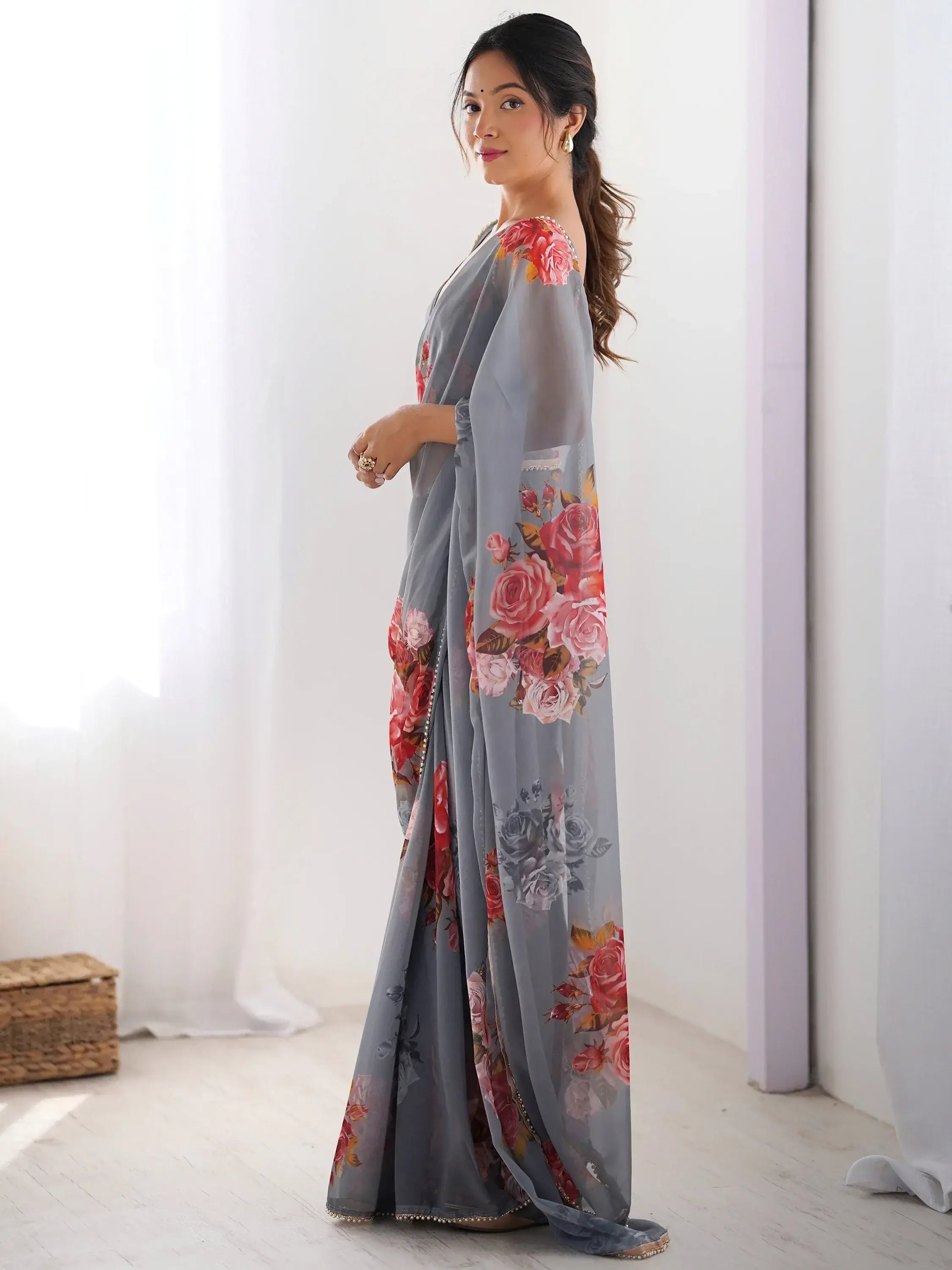 Mesmerizing Grey Floral Printed Georgette Saree With Blouse