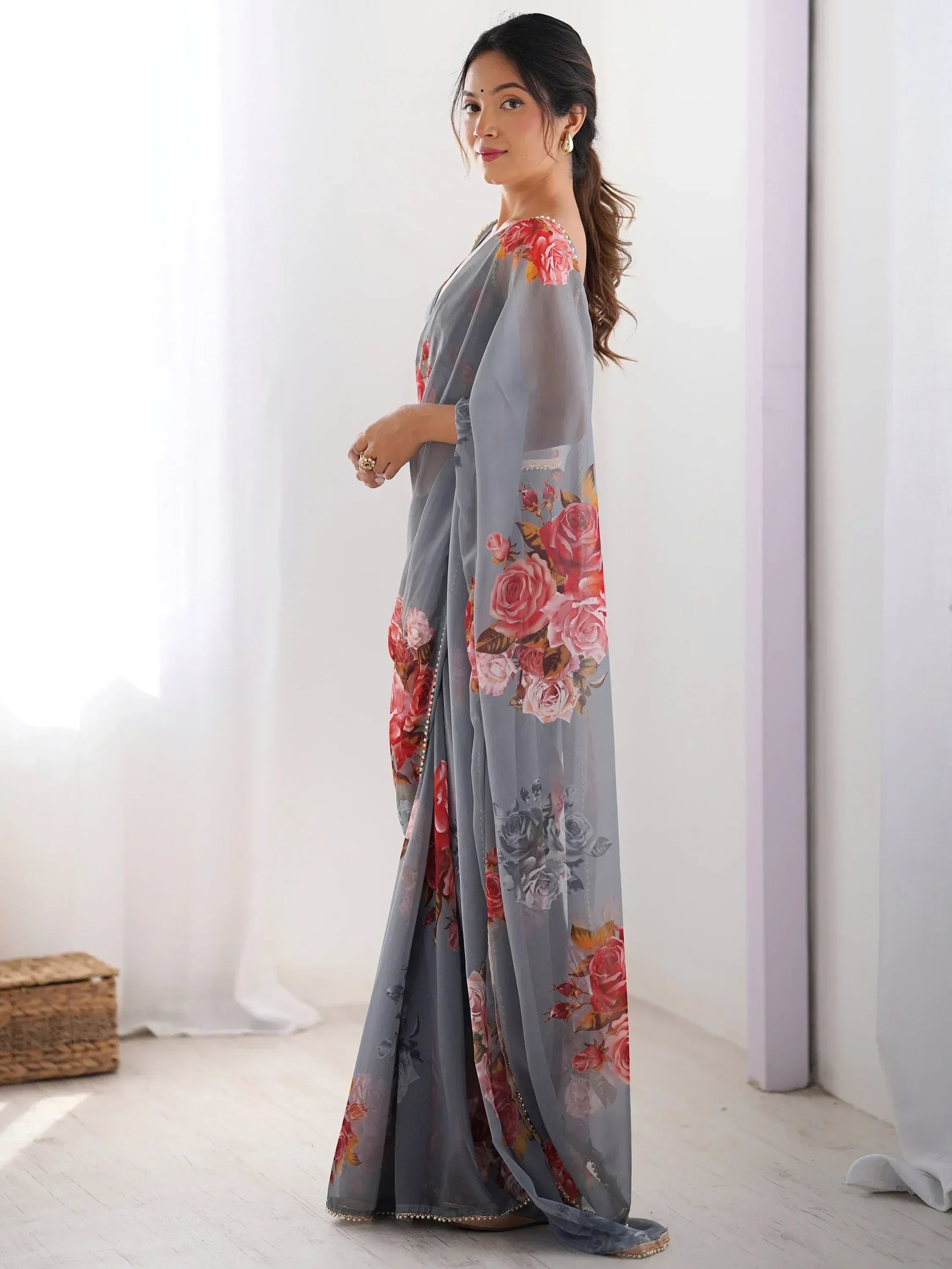 Grey floral saree with rose print, ethnic Indian wear for women, stylish designer drape