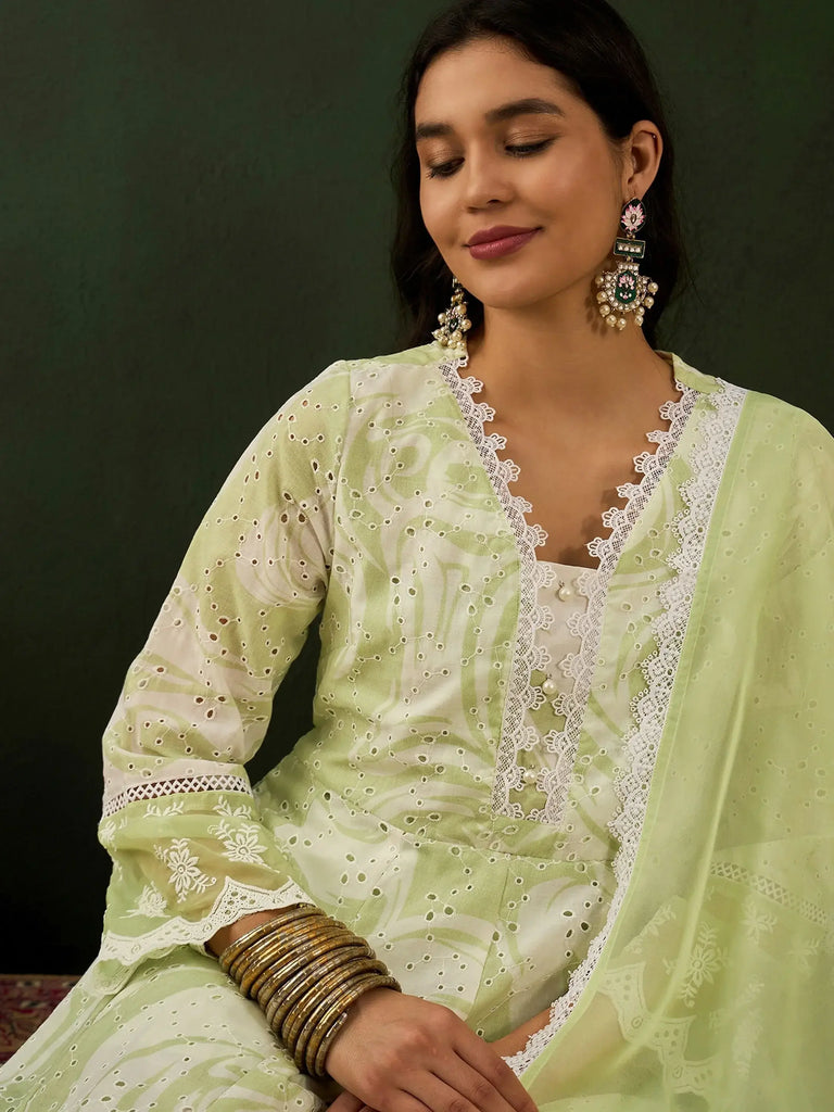 Precious Light Green Embroidered Cotton Event Wear Pant Suit With Dupatta