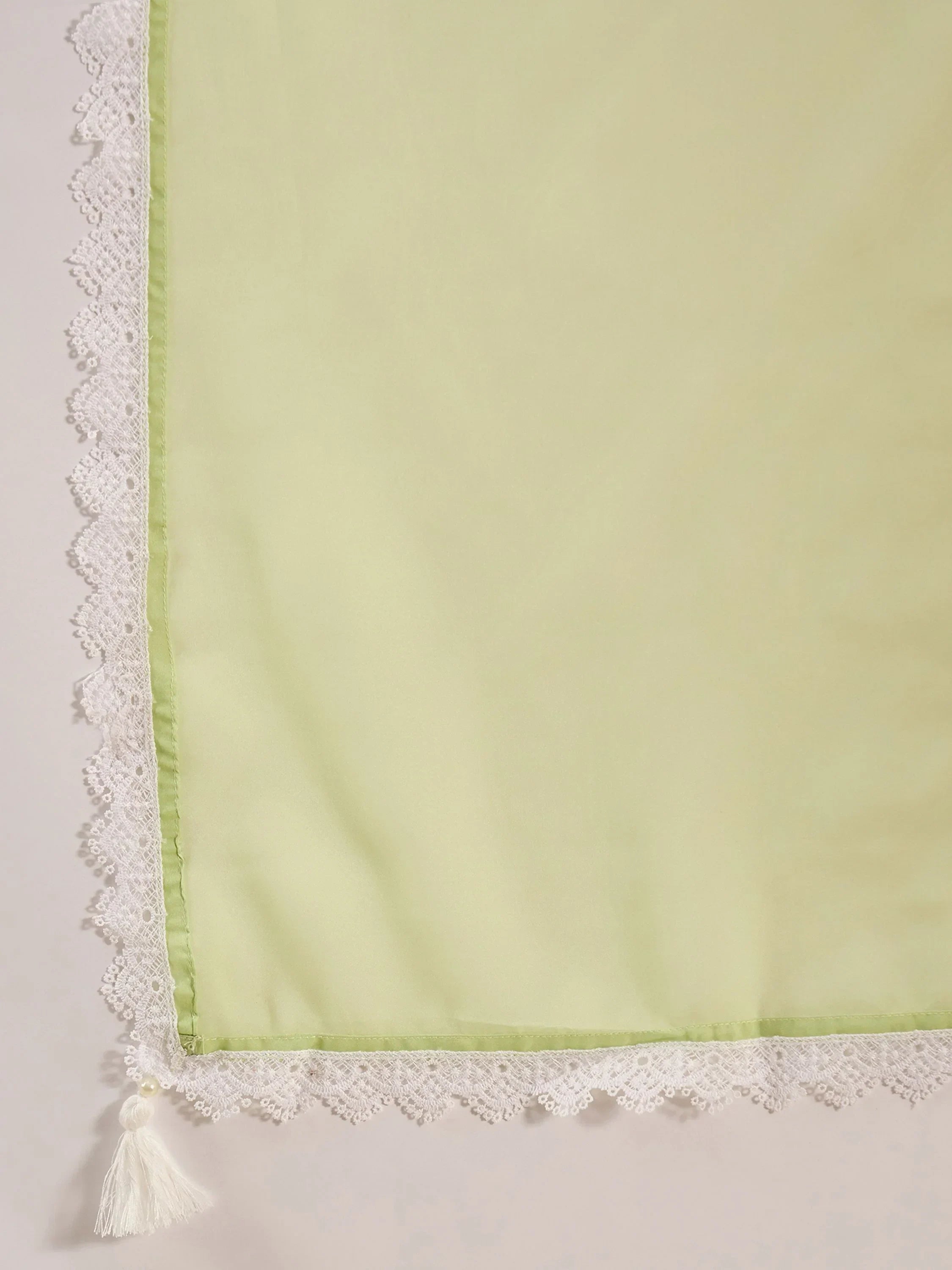 Light green dupatta with white lace border and decorative tassel, Indian ethnic wear