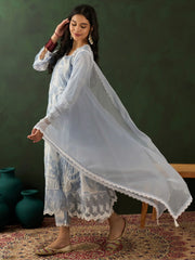 Adorable Sky Blue Embroidered Cotton Event Wear Pant Suit With Dupatta