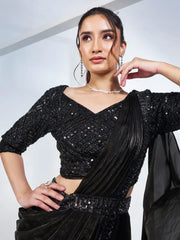 Beautiful Black Lace Work Satin Designer Saree With Blouse