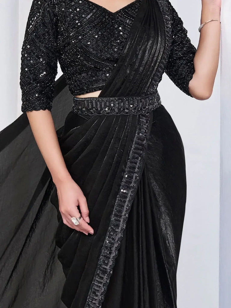 Beautiful Black Lace Work Satin Designer Saree With Blouse