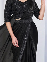 Beautiful Black Lace Work Satin Designer Saree With Blouse